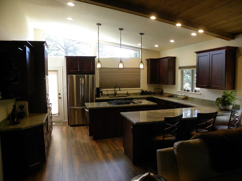Flagstaff Luxury Kitchen Install with Granite Counters, Dark Cabinets & Wood Floors