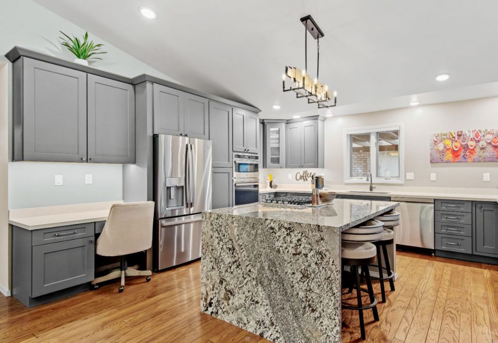 Painted Grey Shaker Style Kitchen Cabinetry with Modern Custom Island